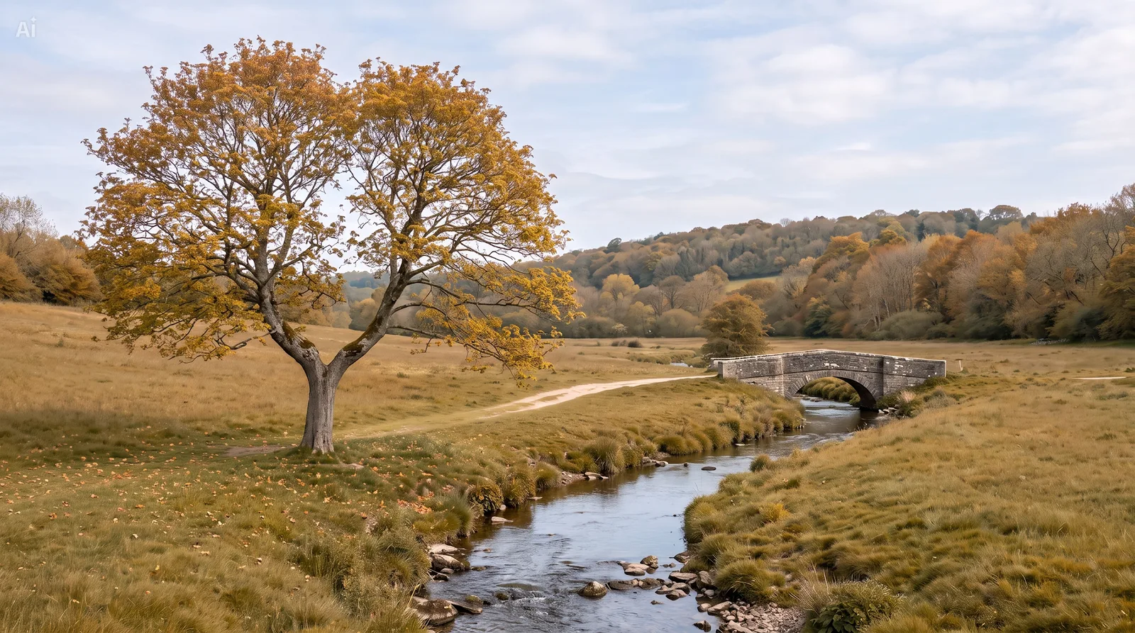 The same maple tree, stream, and stone bridge surrounded by fall colors