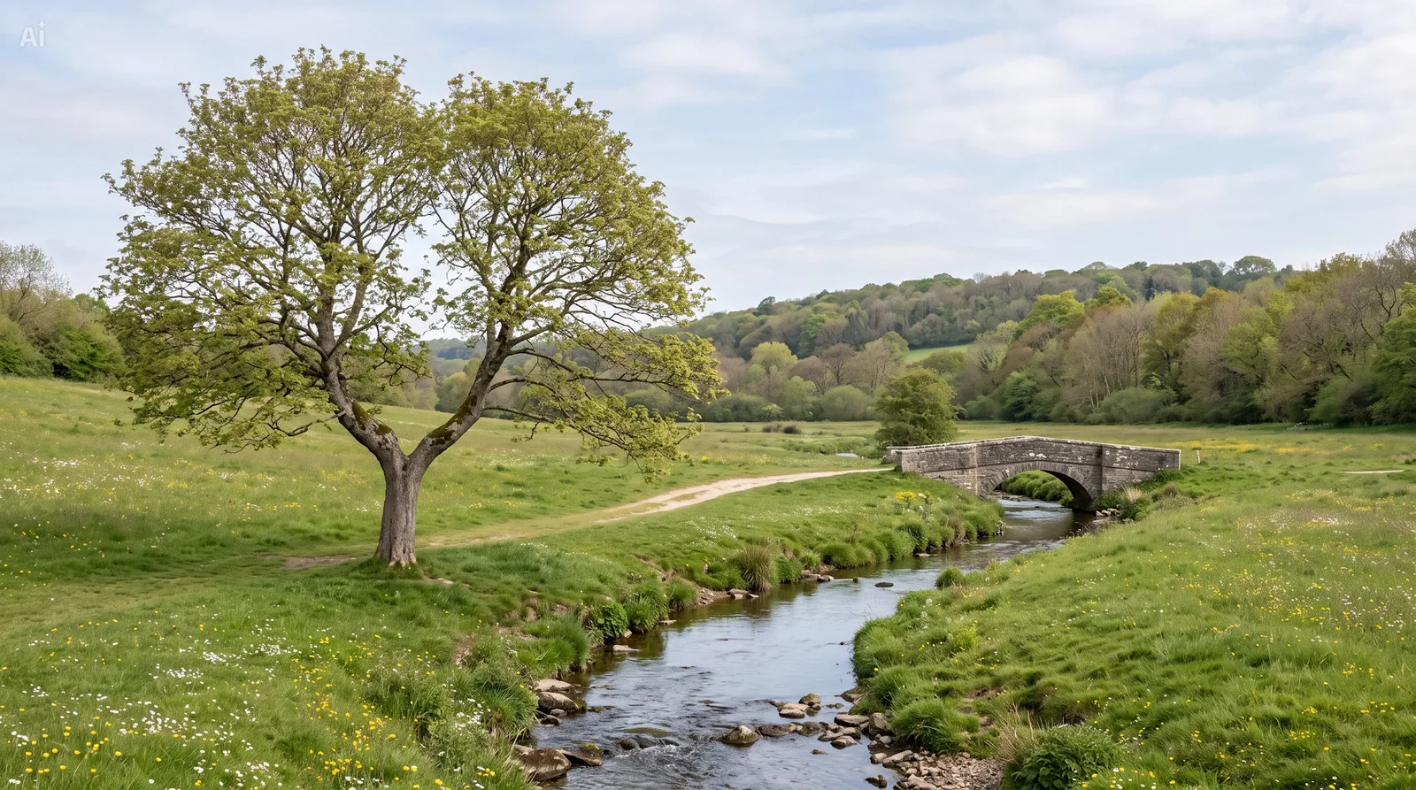 A maple tree beside a winding stream and stone bridge in spring