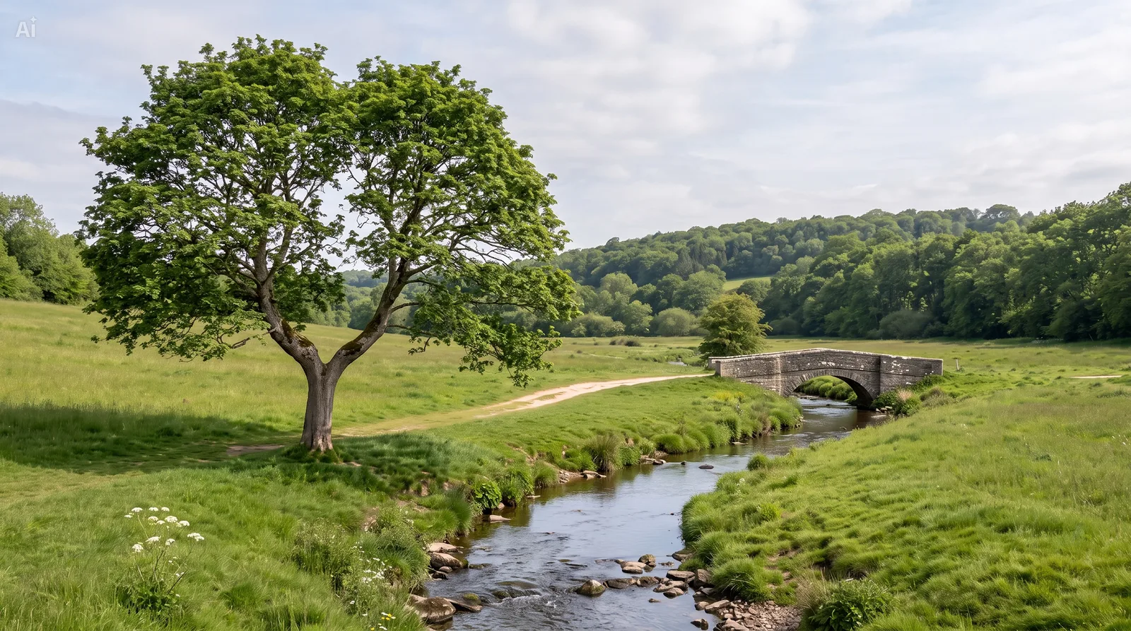 The same maple tree, stream, and stone bridge with full summer foliage