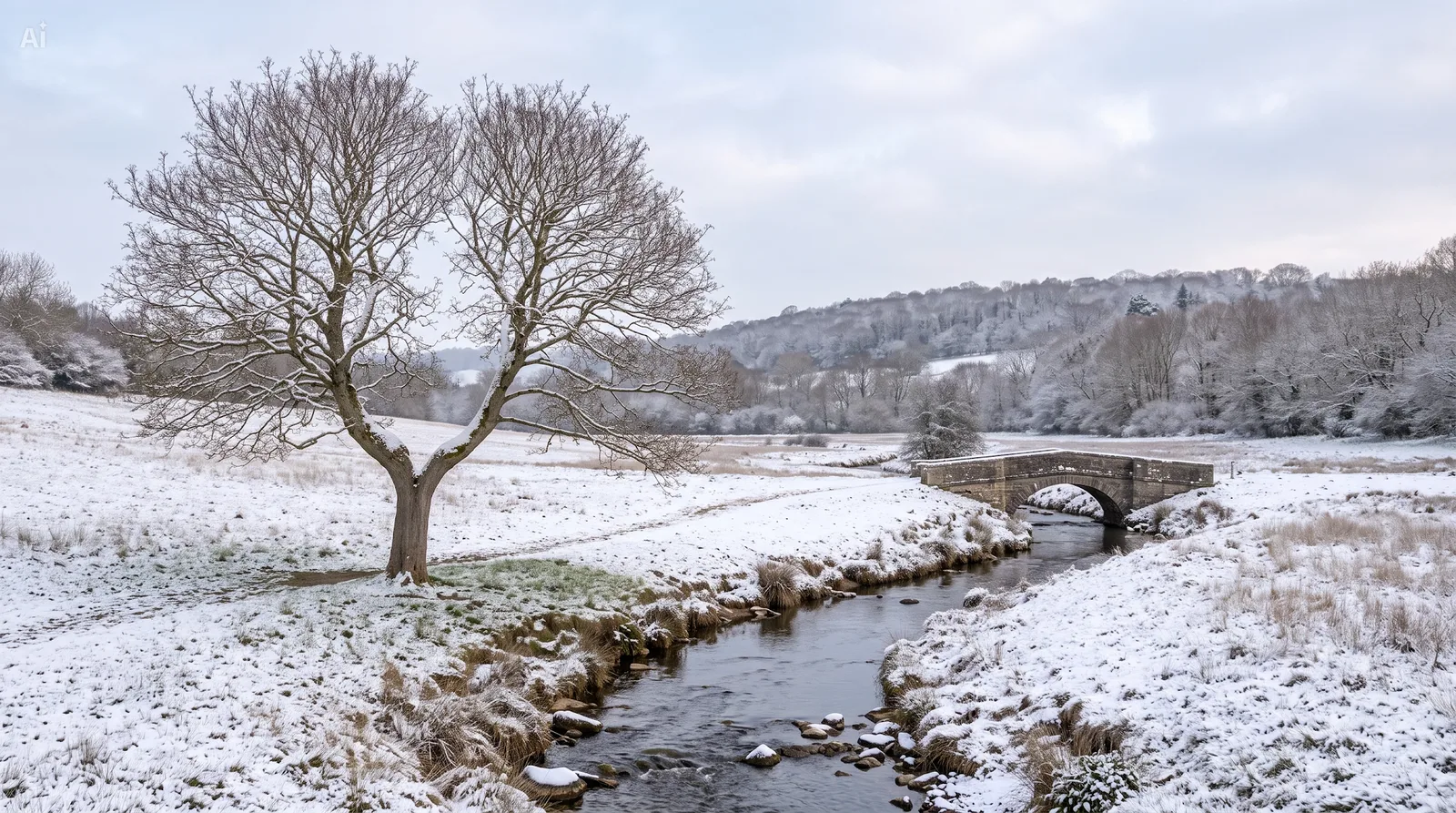 The same bare maple tree, flowing stream, and stone bridge in winter snow