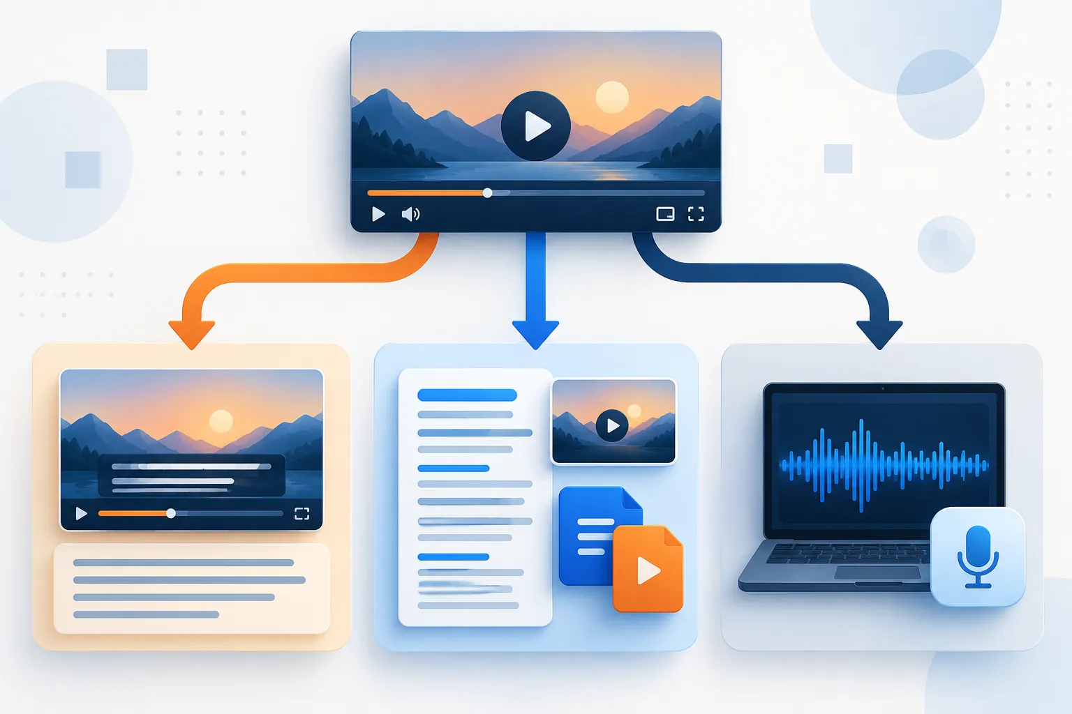 Comparison of YouTube built-in captions, a web transcript with exports, and private local transcription