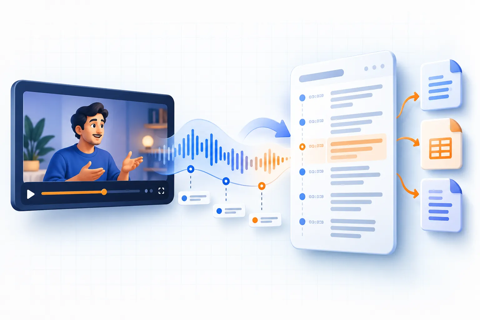 YouTube transcript workflow from video and audio waveform to timestamped text and export files